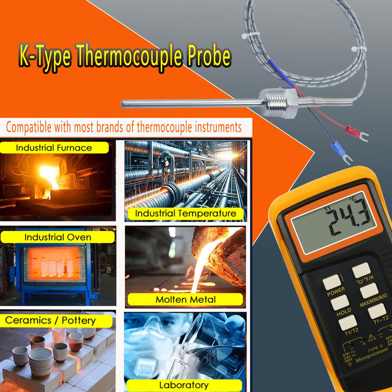 [Australia - AusPower] - K-Type thermocouple Probe NPT 1/2 inch 0.24 inch × 4 inches 304 Stainless Steel Pipe Thread MT-205-1/2 Cable 59 inches 