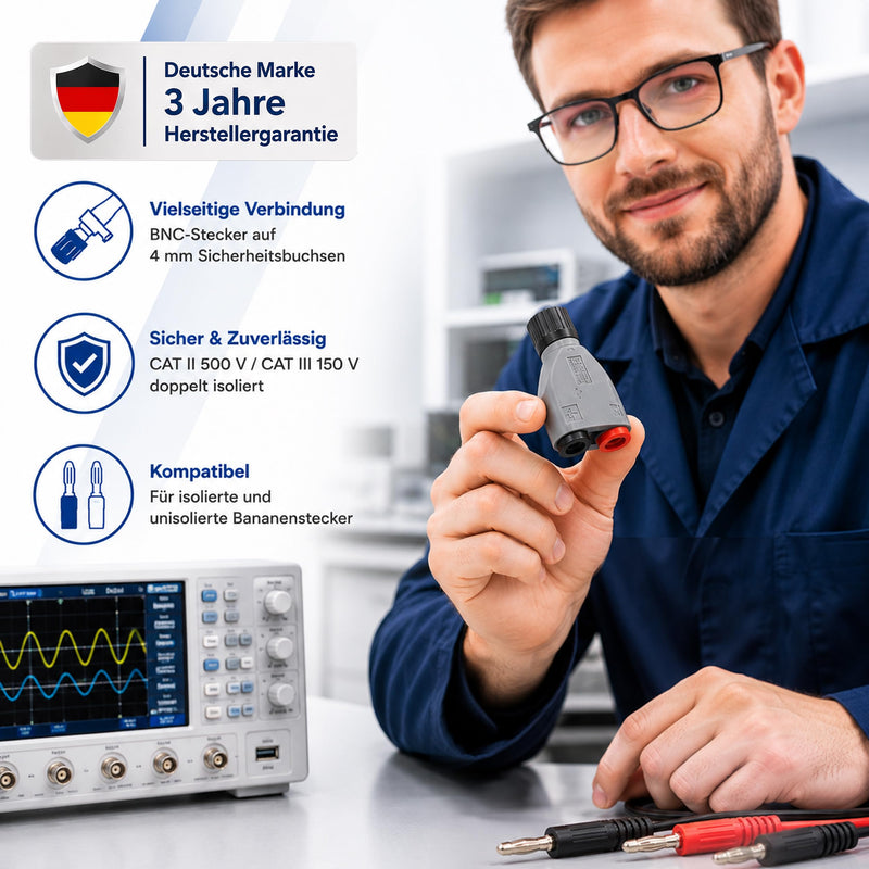 PeakTech 7055 BNC to 4 mm Adapter Plug for Oscilloscopes, Touch-Safe