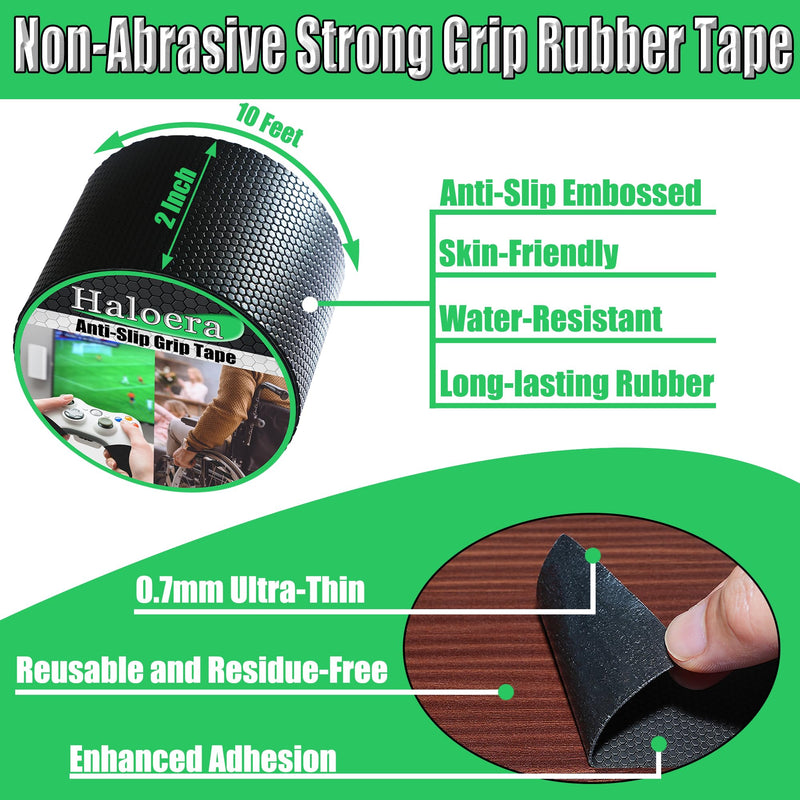 Haloera Rubber Grip Tape for Handle Anti-Slip - Heavy Duty Non-Abrasive Waterproof Tape for Indoor & Outdoor, Contact Surfaces Safer, Comfort, Noise Reduction, Customizable - (Black, 2In x 10Ft) Black