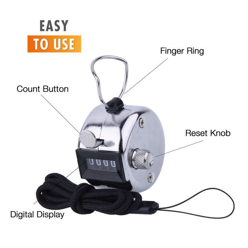 Hand Pitch Tally Counter Clicker –2/6 Pack Handheld People Lap Counter Clickers with 2 Lanyard and 2 Carabiners– Manual Mechanical 4 Digit Number Finger Ring Click for Baseball Umpire Golf Sport Metal 4 PACK