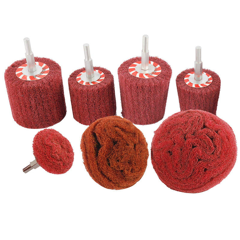 [Australia - AusPower] - HighFree 7 PCS Non Woven Abrasive Buffing Wheels Drill Attachment Set, Scouring Pads Wheel with 1/4" Shank for Polishing Mirror Stainless Steel Copper Aluminum Wood-Wares red 