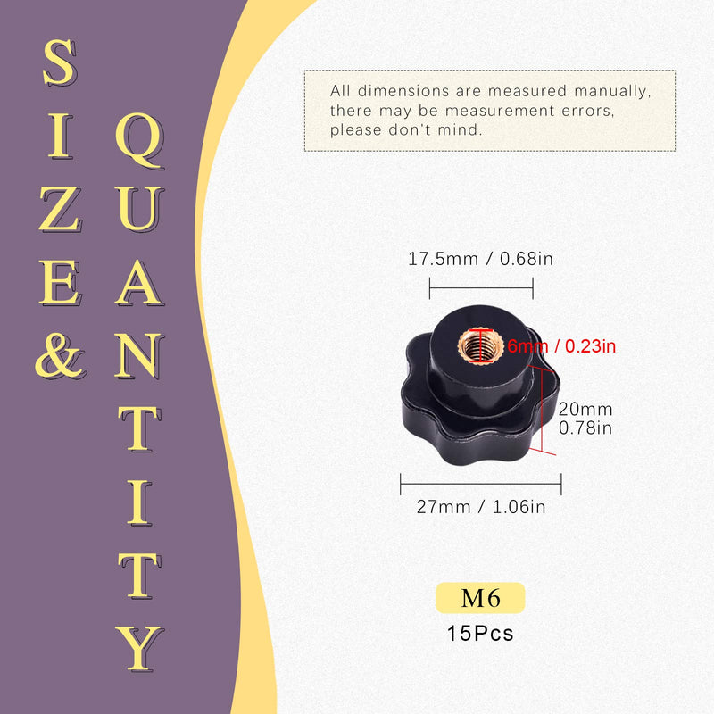 [Australia - AusPower] - Swpeet 15Pcs M6 7 Star Through Hole Knob Female Thread Nut Clamping Knob Grip Assortment Kit, Star Shape Hand Knobs Black Plastic Screw-On Handle Clamping Knob for Mechanical Equipment (M6) 