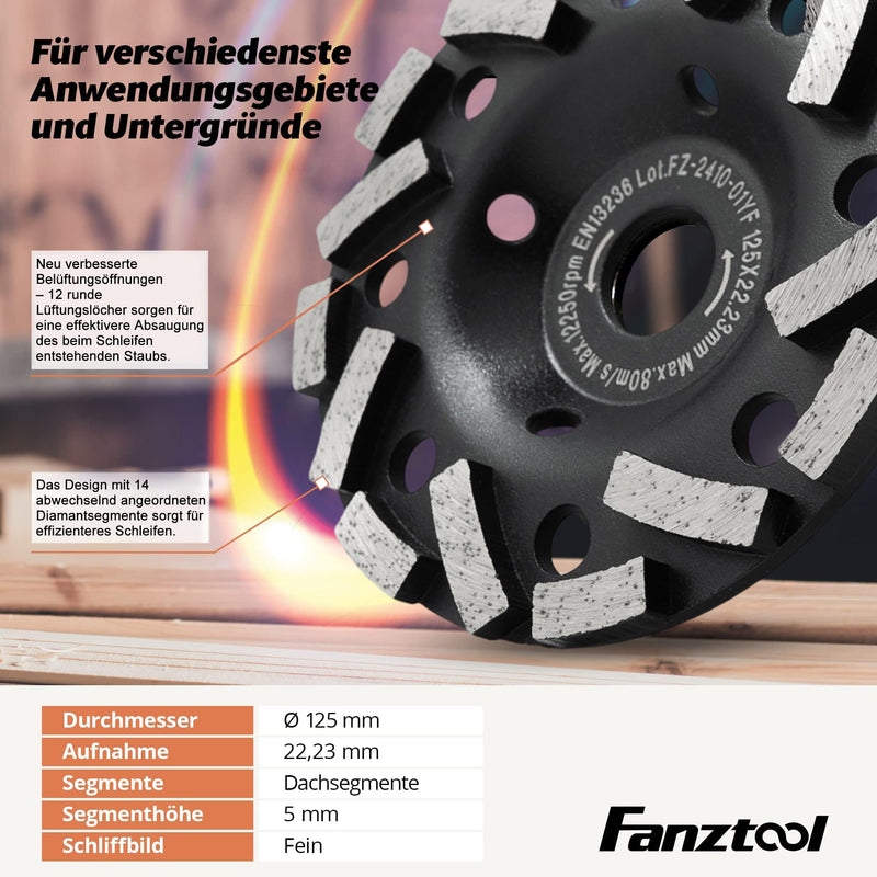 FANZTOOL Premium Diamond Cup Wheel Abrasive 125 mm x 22.2 mm Sanding Disc for Abrasive Building Materials, Screed, Plaster, Asphalt 125 mm - Diamond