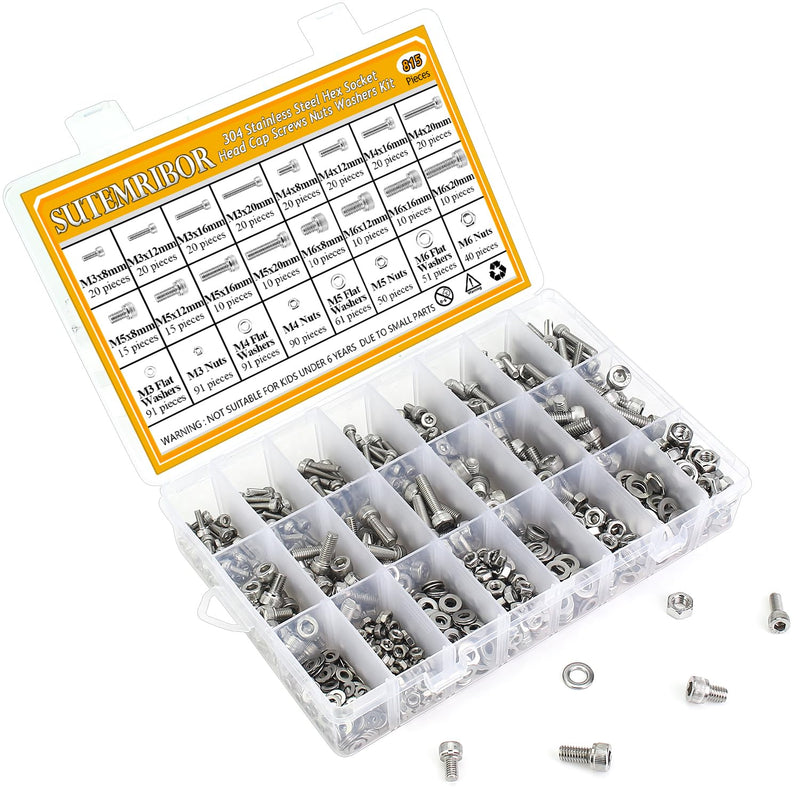 [Australia - AusPower] - 815 Pieces M3 M4 M5 M6 Hex Socket Head Cap Screws Nuts Washers Assortment Kit, Metric Screw Assortment with Hex Wrenches, 304 Stainless Steel, Fully Threaded M3M4M5M6 (815 Pieces) 