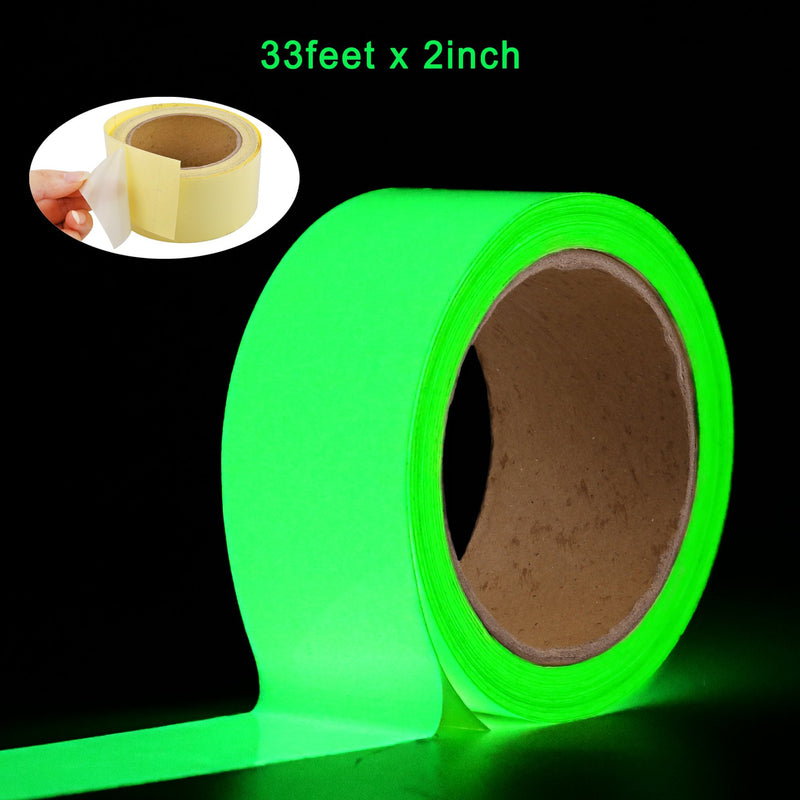 Oumers Glow in The Dark Tape 33 ft x 2 inch Green High Bright Luminous Tape Sticker Removeble Waterproof and Photoluminescent 33 Foot x 2 Inch