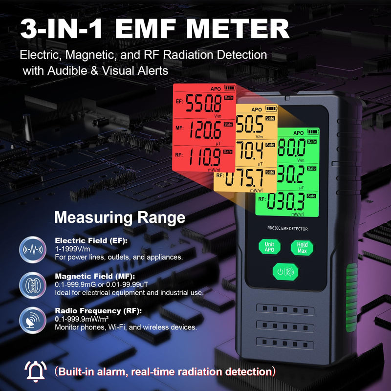 [Australia - AusPower] - EMF Meter 3-in-1, YOJOCK Portable Radiation Detector for EF, MF & RF Signals, Includes Additional Battery and German Instructions EMF Radiation Meter for Home, Office and Outdoor (Green) Green 