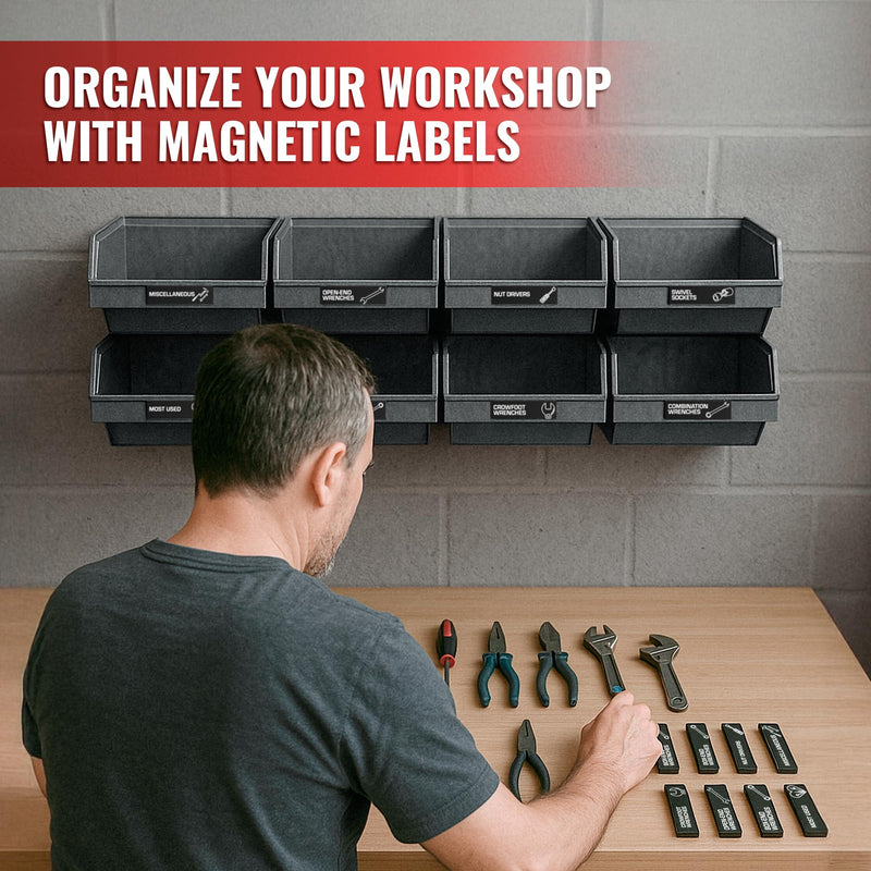 [Australia - AusPower] - 90 Pcs Magnetic Tool Box Labels 3.5x1 inch - Magnetic Toolbox Labels for Tool Box Drawers Strong Magnet Toolbox Organizer Chest Black Pre-Printed & Blanked Emblems for Organization - Toolbox Emblems 90 Black 3.5"x1" 