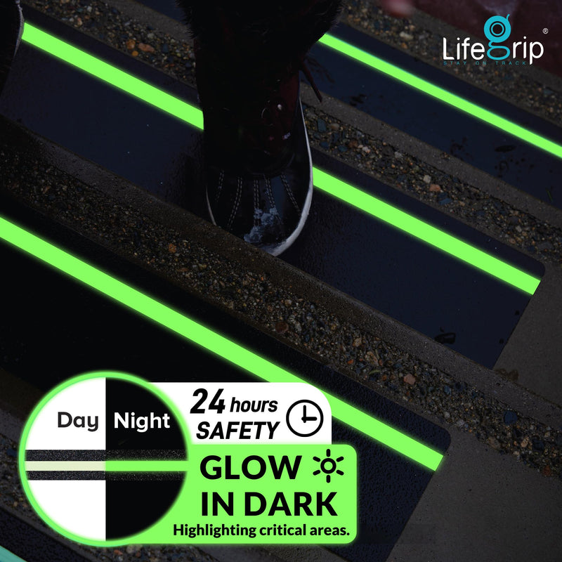 LifeGrip Anti Slip Traction Treads 10 Pack, 6"x32" with Glow in Dark Stripe, Best Grip Tape Grit Non Slip, Outdoor Non Skid Tape, High Traction Friction Abrasive Adhesive for Stairs Step 6" x 32"