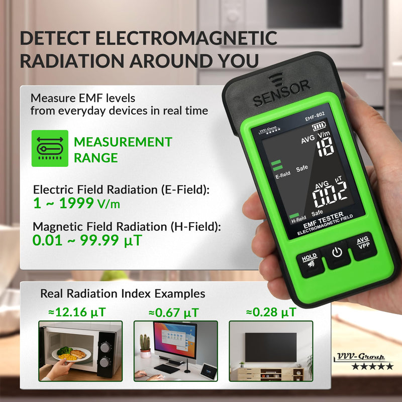 [Australia - AusPower] - EMF Detector EMF-802 by VVV-Group | Electromagnetic Radiation Meter with Electric & Magnetic Field Detection, Peak/Average Modes, LCD Alarm | EMF Reader for Home, Office, RF Safety 