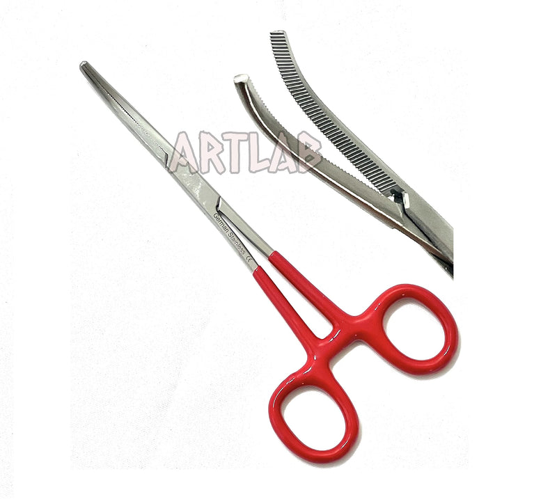 German Vinyl Grip Locking Straight & Curved Hemostat -Hemostat Forceps- Stainless Steel Locking Tweezer Clamps - Ideal Hemostats for Nurses, Fishing Forceps, Crafts and Hobby (RED STR+CVD 6.25") RED STR+CVD 6.25"