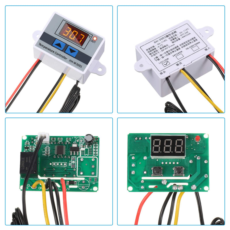 XH-W3001 Digital LED Temperature Controller Module Digital Thermostat Switch with Waterproof Probe Programmable Heating Cooling Electronic Thermostat Range from -50℃ to 110℃ (12V 10A 120W) (4 Pieces) 4