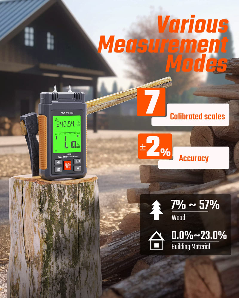 [Australia - AusPower] - TS-630 Wood Moisture Meter for Firewood/Drywall, 2.25-inch LCD Screen with 3 Color Backlight Dry-Moisture-Wet Display, 2 Mode 7 Calibration Scales - Orange 