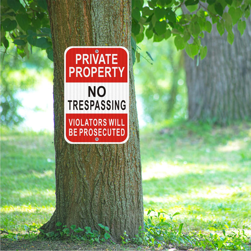(2 Pack) Reflective Metal No Trespassing Signs Private Property, 18" x 12" Heavy-duty Aluminum Private Property Signs Outdoor, Keep Out Violators Will Be Prosecuted, Rust-free, No Fade, Weather-resistant, Easy to Mount BLACK NO TRESPASSING - 12"X18"