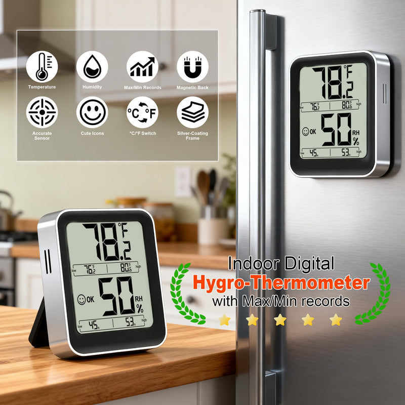 Antonki Room Thermometer Indoor Hygrometer Digital Temperature and Humidity Sensor Meter Humidity Monitor with Max/Min Records - AAA Battery Included