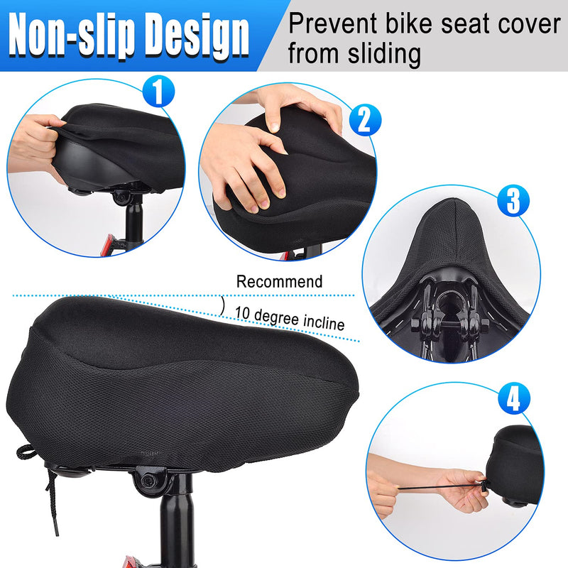 Thick & Wide Gel Bike Seat Cushion Pad with Rainproof Cover - Comfortable Silicone Gel Memory Foam Bicycle Saddle Seat Cushion with UV Protection L ( 10"W x 11"L)