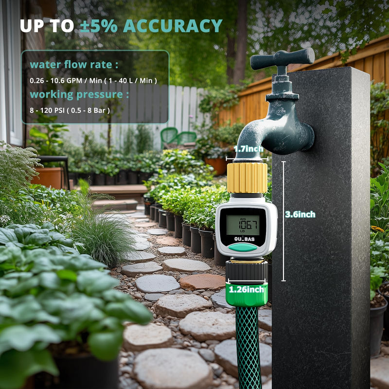 QUOBAS Water Flow Meter with Brass Fittings, Easy-Install Garden Hose Flow Meter for RV, Outdoor Plants, Lawn & Pool, Waterproof Screen, Tracks Gallon/Liter Usage, 4 Modes One Size 1