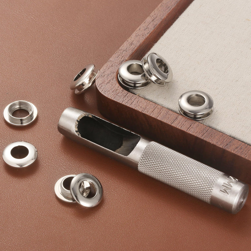 6 Sets Brass Grommets Kit Eyelets and Grommets 8mm Inside Hole Size with 12mm Leather Hole Punch Tool Handbag Purse Hardware Screw Grommets for Repair and Making Leather Crafts (Silver) Silver