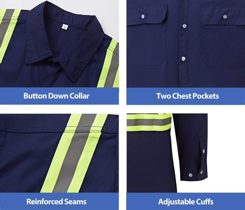 Hi Vis Shirts for Men Button Down Short Sleeve Safety Work Shirts Class 3 High Visibility Reflective Shirt Long_navy 3X-Large