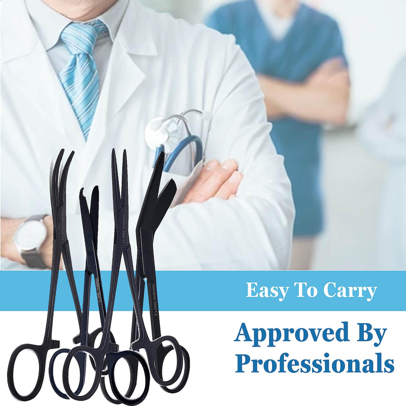 [Australia - AusPower] - Set of 4 Bandage Scissors 5.5", Stitch Scissors 4.5" and Hemostat 5.5" Straight Curved Made of Premium Quality Stainless Steel (Jet Black) Jet Black 