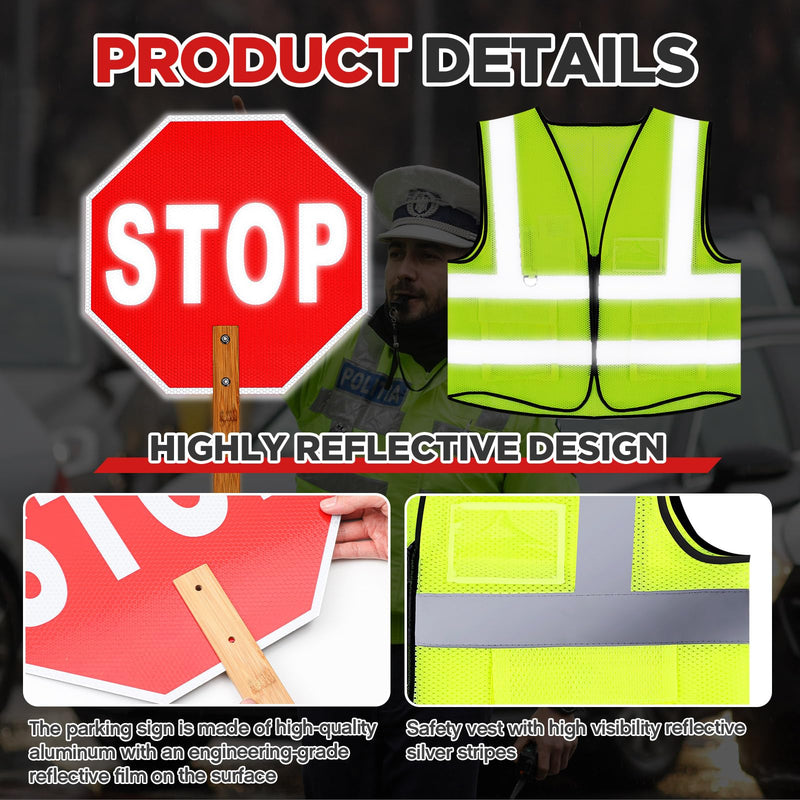 4 Pcs Stop Slow Sign Signal Traffic Wand Reflective Safety Vest Set 13" Crossing Guard Stop Sign with Handle 17" LED Traffic Control Baton High Visibility Security Vest for Road Airport Parking