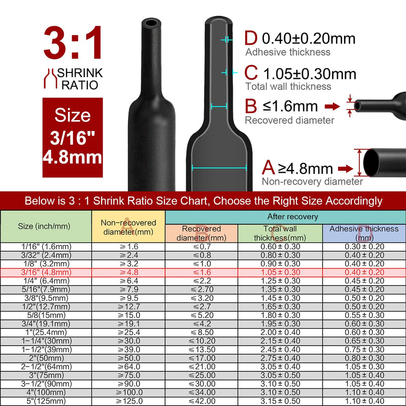 Chanzon 3:1 Ratio 3/16" (4.8mm) Heat Shrink Tubing - Marine Grade Waterproof Adhesive Lined - 8Ft Roll (2.5M Total Length) Black Polyolefin Sleeving Wrap Shrinking 3 to 1 Ratio 1pcs 4.8mm (3/16") - 8FT