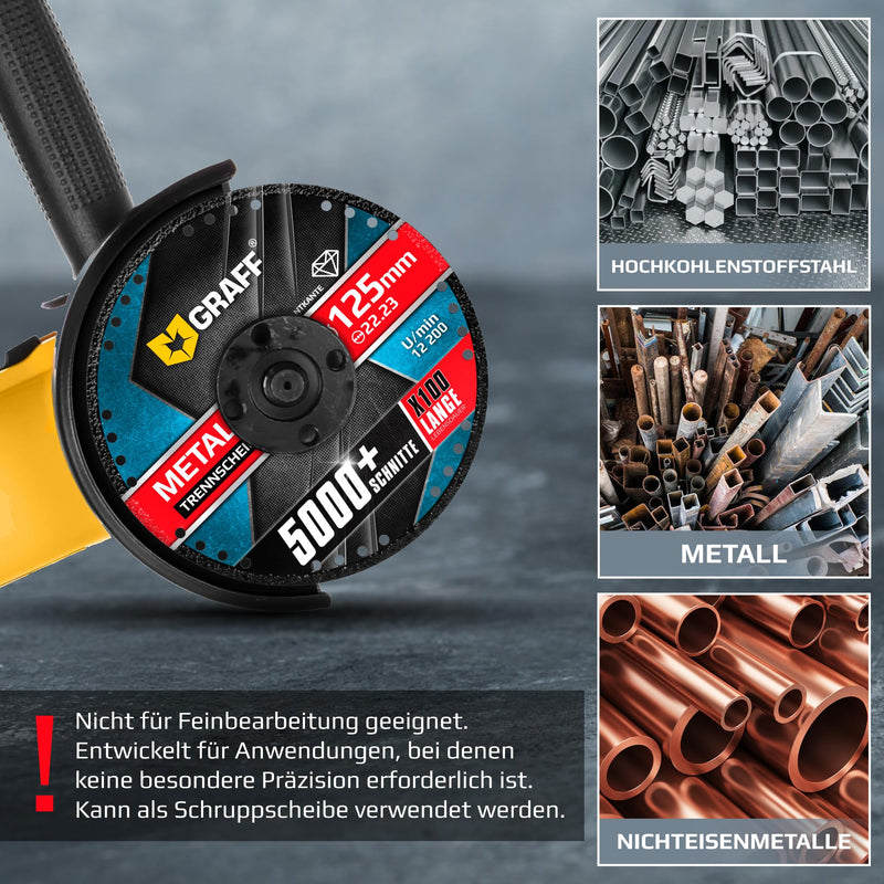 [Australia - AusPower] - Angle Grinder Cutting Disc 125/115 Metal GRAFF Black, Diamond Cutting Disc for Thin-Walled Metal, Metal Brackets, Metal Pipes and Profiles, Iron, Cast Materials, Diamond Edge Diameter: 125 mm 