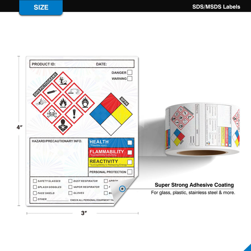 [Australia - AusPower] - SDS OSHA Data Labels 4 x 3 Inches, Roll of 250 Stickers for Chemical Safety, GHS Pictograms & Perforated Edges, HMIS & Hazard Compliant, Secondary Containers SDS Label 