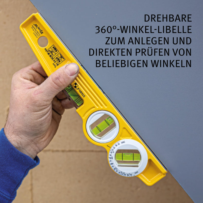 STABILA Magnetic Spirit Level Type 81 SV REM W360 Torpedo with Bag, 25 cm, Cast Aluminum Profile, Rare Earth Magnetic System, 1 Six-Ring Horizontal/1 Vertical/1 Angle Level Made in Germany With magnet, belt bag and 360° angle level
