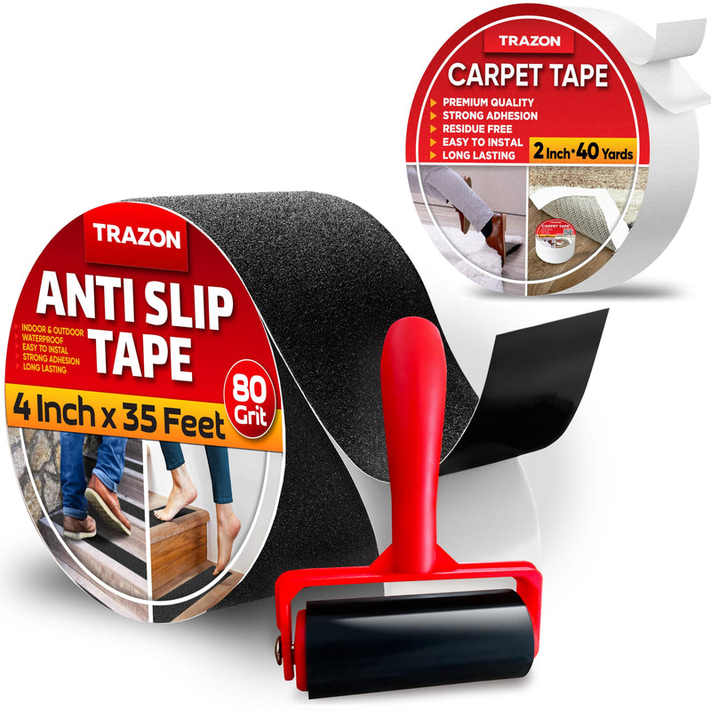 Grip Tape - Heavy Duty Anti Slip Tape for Stairs Outdoor/Indoor Waterproof 4Inch x 35Ft & Carpet Binding Tape Double Sided - 2 in / 120 Ft (40 Yards) Tape Grippers for Hardwood Floors and Area Rugs