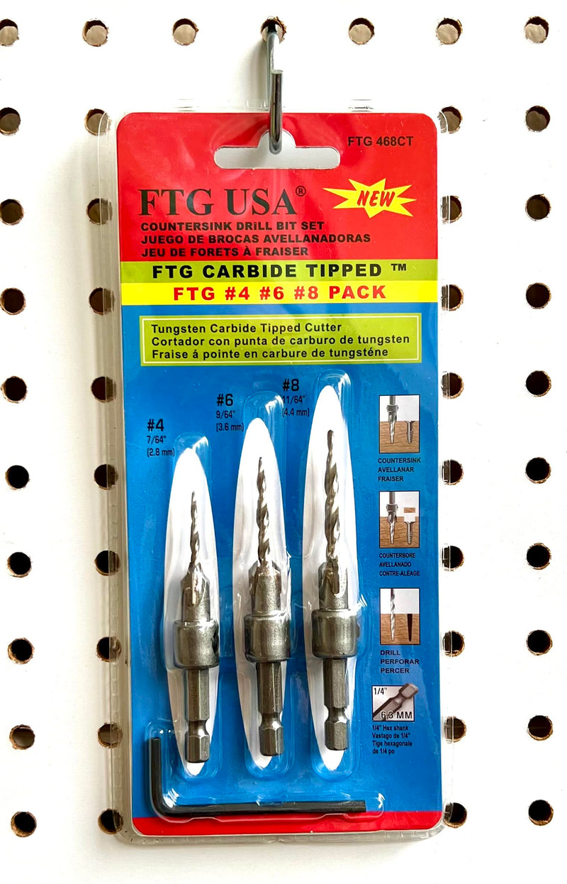 FTG USA 3 Pc #4#6#8 TCT Tapered Bit Wood Countersink Set, Standard Flute | Premium tungsten carbide tipped (TCT) cutter set for clean woodworking. Includes sharp tapered drill bits and an Allen wrench Standard Flute w/o Depth Stop