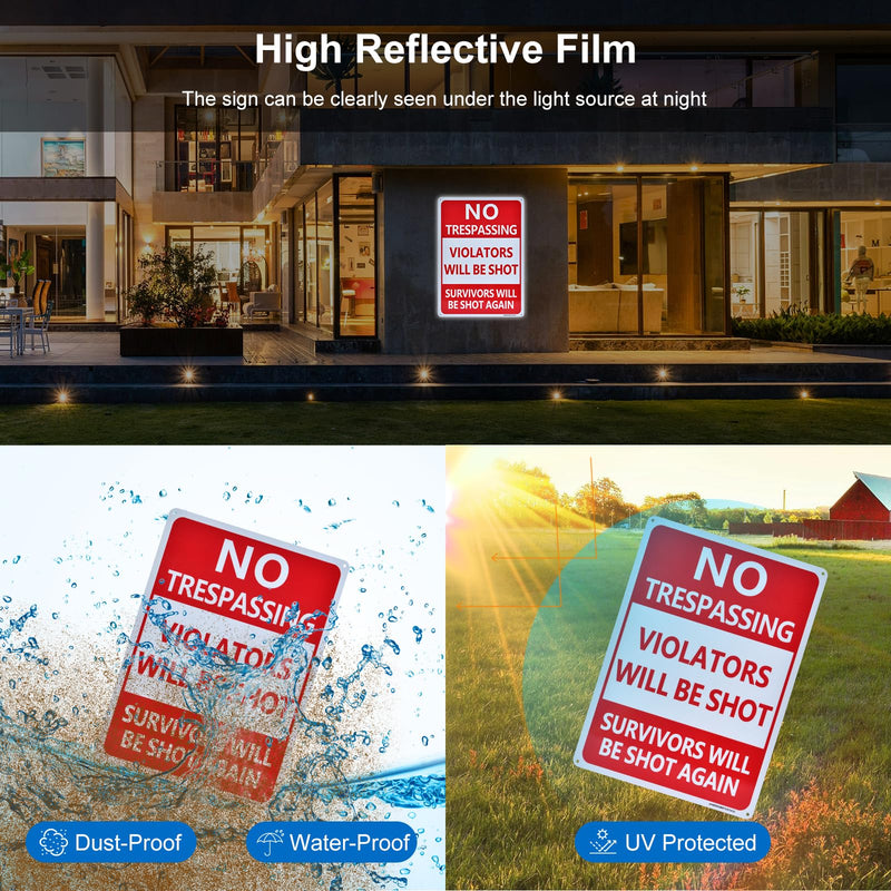 No Trespassing Signs,Violators Will Be Shot Sign, 2 Pack 14"x10" RustFree Reflective Aluminum Survivors Will Be Shot Again Signs, UV Protected,FadeResistant and Weather Resistant, Easy to Mount. Red