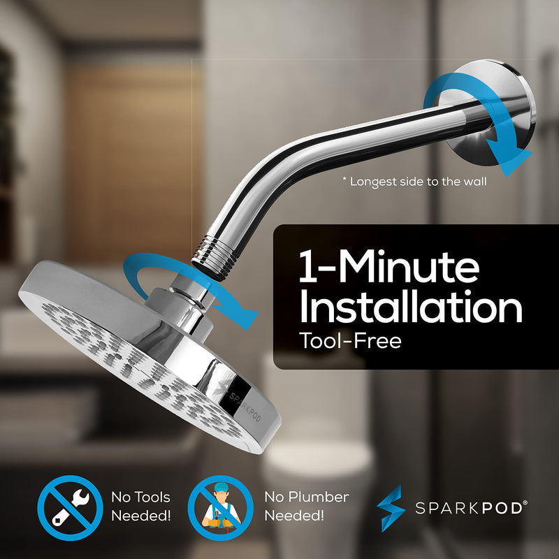 SparkPod 6" High Pressure Rain Shower Head with 9" Shower Arm - High Pressure Rain - Luxury Modern Look - Rainfall Experience - No Hassle Tool-less 1-Min Installation (Luxury Polished Chrome) Shower Head + 9 Inch Shower Arm