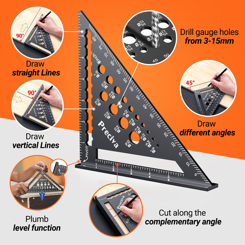 Preciva Carpenter Square Set, 7" Rafter & 12" Right Angle Ruler | Durable aluminum alloy, easy-read scale, use for marking angles, drawing lines, layout work, for carpenters, framers, DIYers
