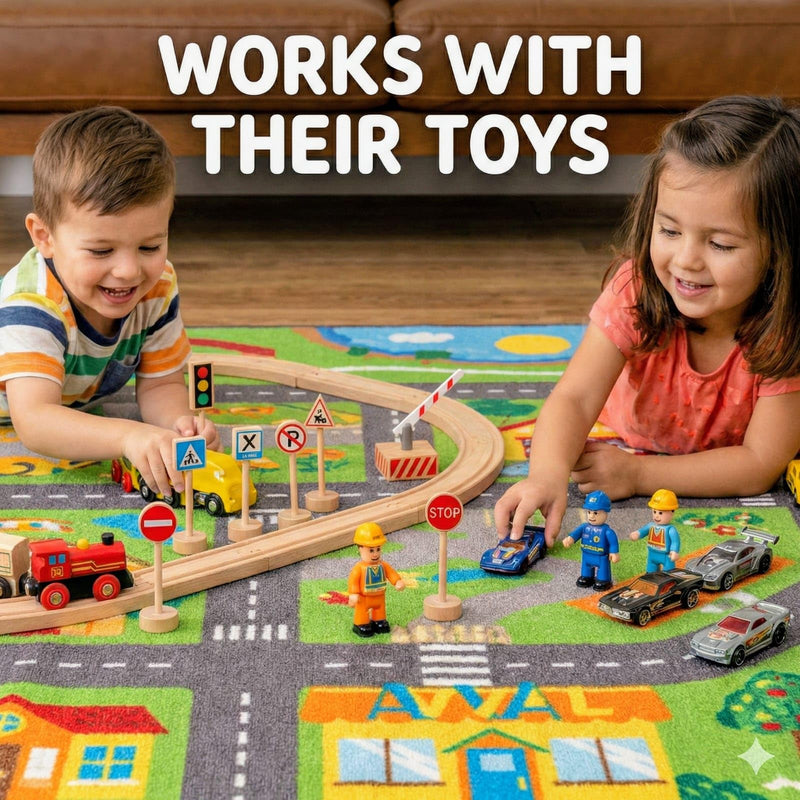 Wooden Traffic Signs & Community Helper Figures Toy Set – Includes Police, City & Construction Workers, Road Signs & Traffic Lights – Works with Train Tracks, Toy Cars, Play Rugs & Mats – Ages 3–10