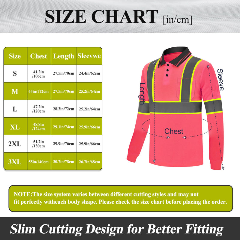 3 Pack Long Sleeve Safety Polo Shirt Reflective High Visibility Construction Work Shirts ANSI Class 3 for Men Pink X-Large