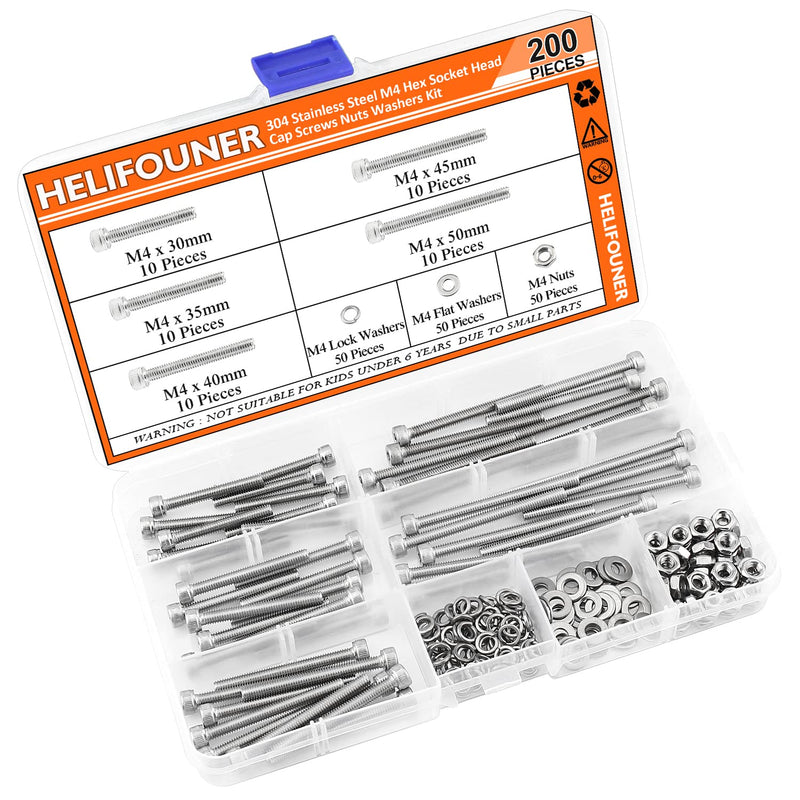 [Australia - AusPower] - 200 Pieces M4 x 30mm /35mm /40mm /45mm /50mm, Hex Socket Head Cap Metric Screws Bolts Washers Nuts Kit, 304 Stainless Steel M4 x 30/35/40/45/50mm 