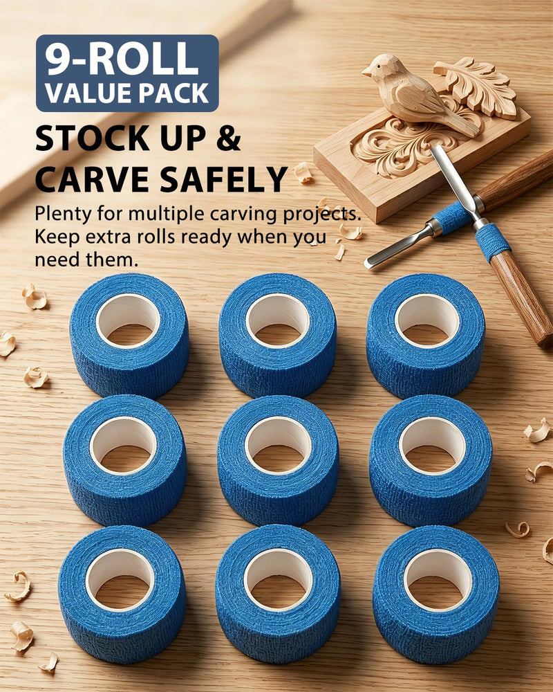 Cut Resistant Tape for Wood Carving & Whittling, Knife & Finger Protection, Knifeless Self-Adhesive Wrap, Anti Slip & Anti Abrasion Hand Tape 9 Rolls Blue
