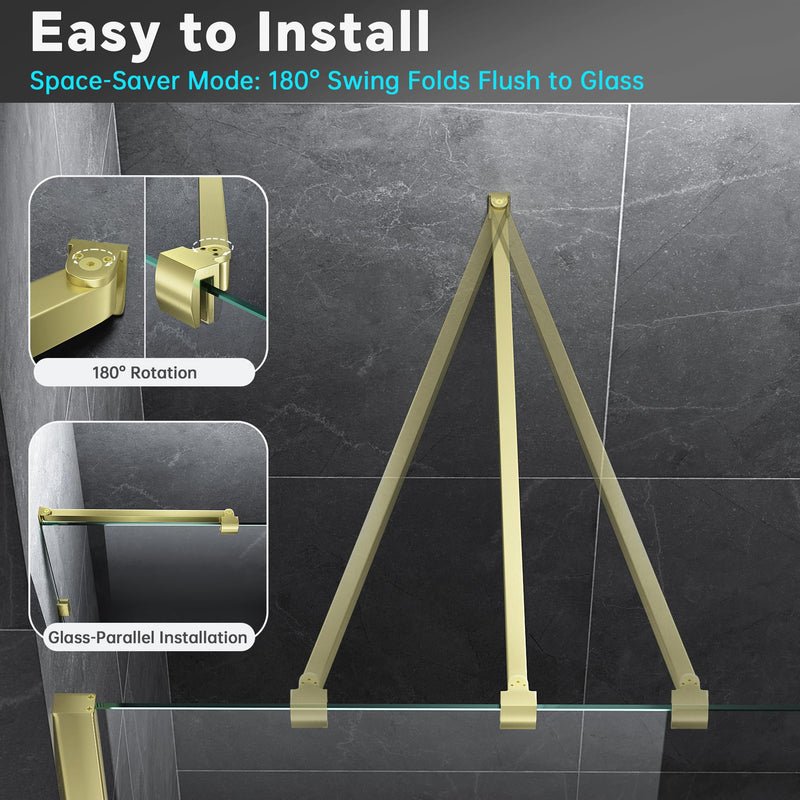 Frameless Shower Door Support Bar, Stainless Steel Wall-to-Glass Support Arm to Fixed Shower Glass Panel, for 1/4"-3/8" (6-10 mm) Door, 180° Pivot & Stow-Flat Mode (Brushed Gold, 15.8-inch(400mm)) Brushed Gold 15.8-inch(400mm)