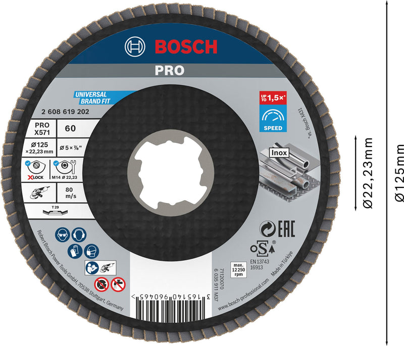 [Australia - AusPower] - Bosch 1 x Pro Metal X571 Flap Disc Angled Design for X-Lock (for Steel, Stainless Steel, Diameter 125 mm, Grit 60, Professional Accessories, Small Angle Grinder) 