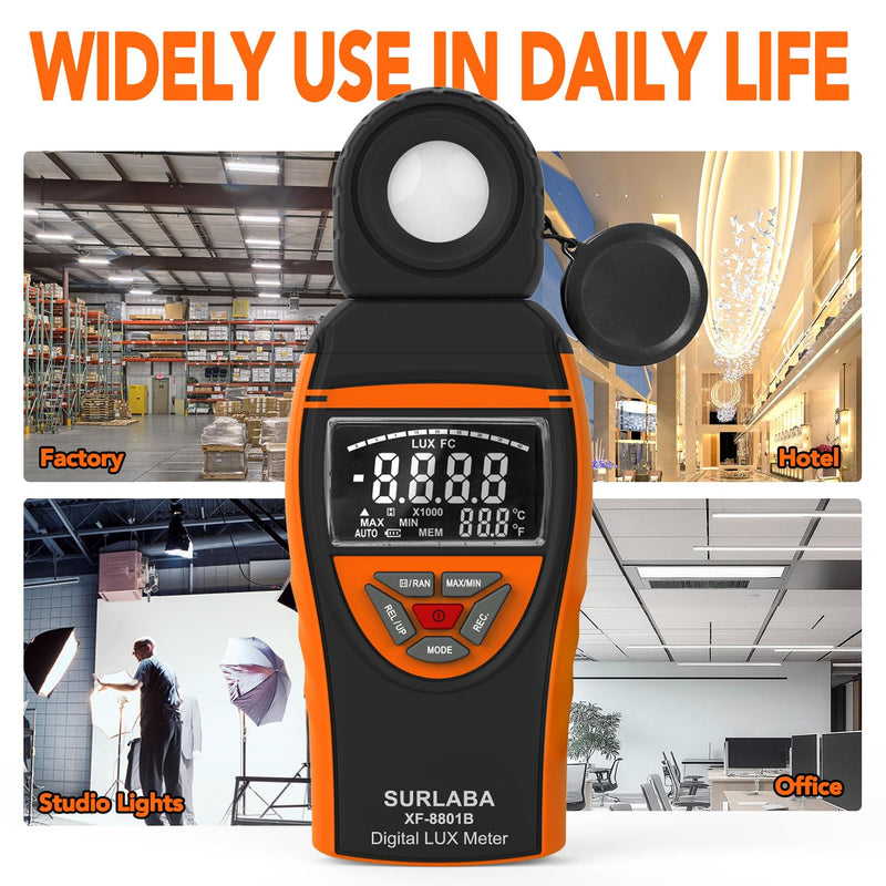 [Australia - AusPower] - Digital Light Meter 0.1-400,000 Lux - Professional Lux/FC Tester with Temperature Sensor, MAX/MIN Hold & 90° Rotatable Sensor for Photography, Plants, and Indoor Lighting (Orange) 