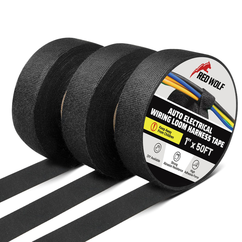 RED WOLF Wire Electrical Tape, 1 Inch x 50 Feet 3-Roll, Felt Cloth Electric Tape Noise Dampening High Temp Wiring Loom Harness, Self-Adhesive Fabric Tape for Automotive Engines Wrap Protection