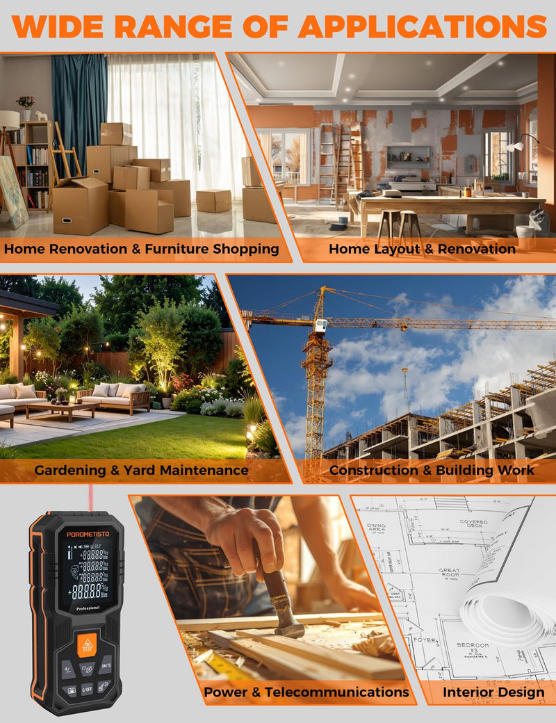 Laser Measure Tool (262ft/80m, ±2mm) with Tripod Mount and Angle Sensor | POROMETISTO 12 Modes（ Angle, Area, Volume, Pythagorean）Handheld Laser Distance meter for Home Construction 80M/262FT