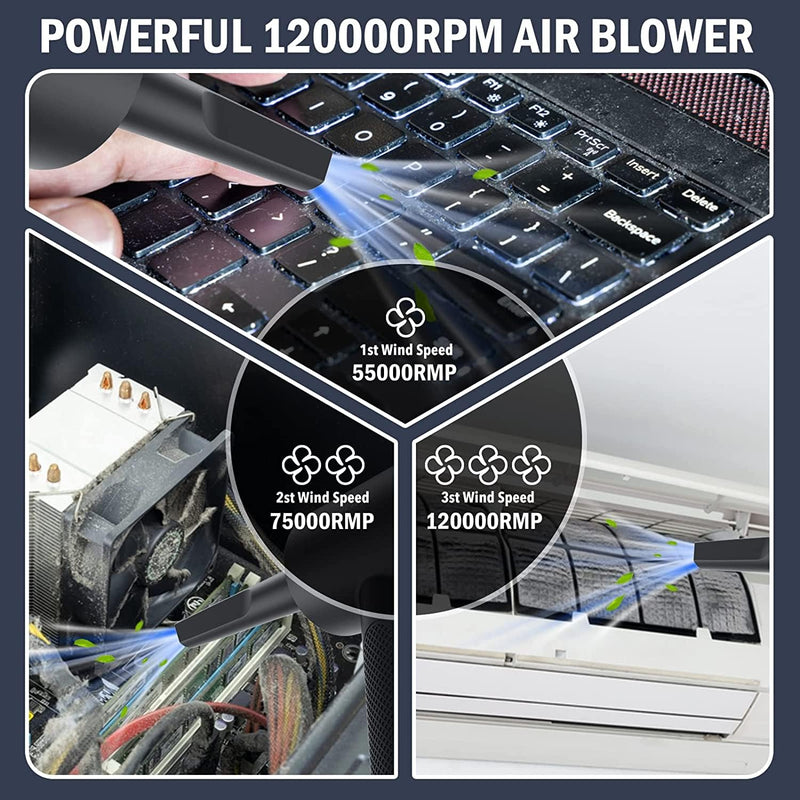 [Australia - AusPower] - Compressed air Duster - 120000RPM 3 Speeds Electric Air Duster, 7600mAh Battery Cordless Dust Blower for Keyboard Cleaner,Rechargeable Air Blower AIC Can for Office Computers 