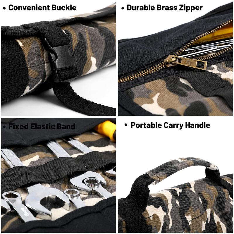 Tool Storage Roll, Heavy Duty 16oz Waxed Canvas Roll Up Tool Pouch Bag (23 Pockets & Portable Handle), Tool Carrier for Mechanic Carpenter | 26" x 13" | Camouflage Camouflage & Black