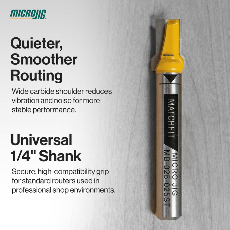 Microjig MATCHFIT 1/4" Relief Router Bit, Straight Grooving Dovetail Track Cutter for Woodworking, Cabinet and Furniture Projects, MB-025-025ST, Yellow