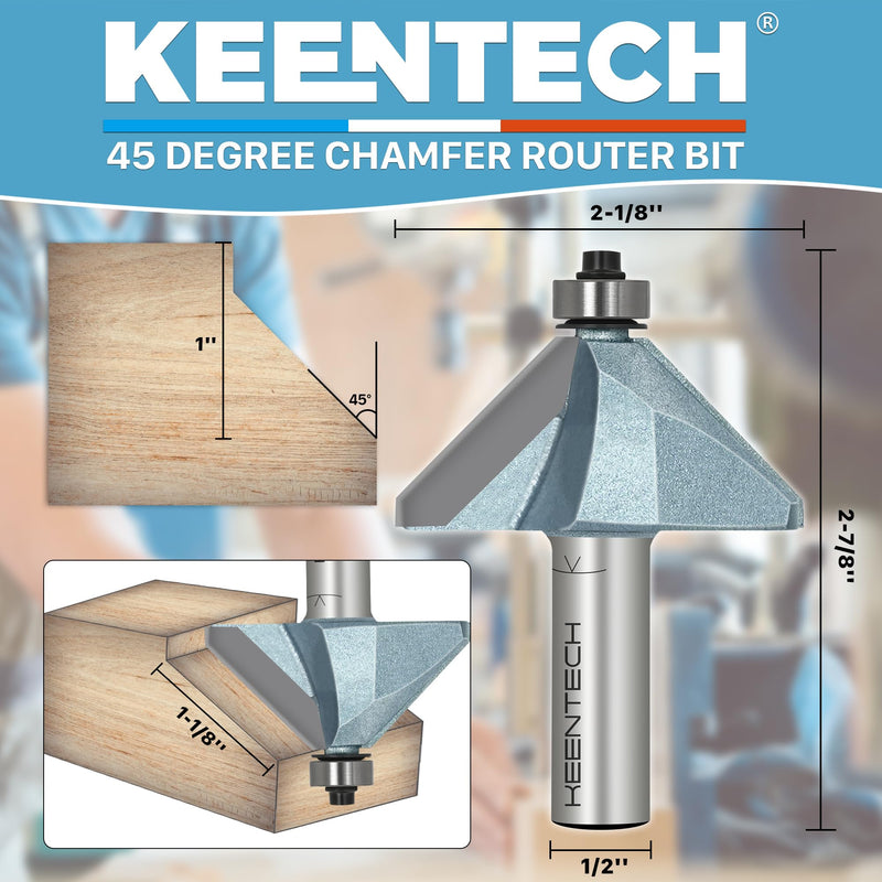 KEENTECH Chamfer Router Bits, 2-1/8" Diameter for Edge Forming, Industrial Grade Carbide Tips for Woodworking (1/2 Inch Shank x 1-1/8 Inch Bevel x 1 Inch Depth) 1/2"(Shank)*1-1/8"(Bevel Length)