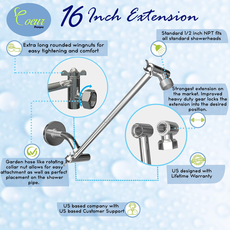 16-Inch Extra Long Shower Extension Arm. Solid Brass. Height/Angle Adjustable With a Unique Locking Gear for a Perfect Position Every time. Holds All Showerhead Sizes. 16 Inch Chrome