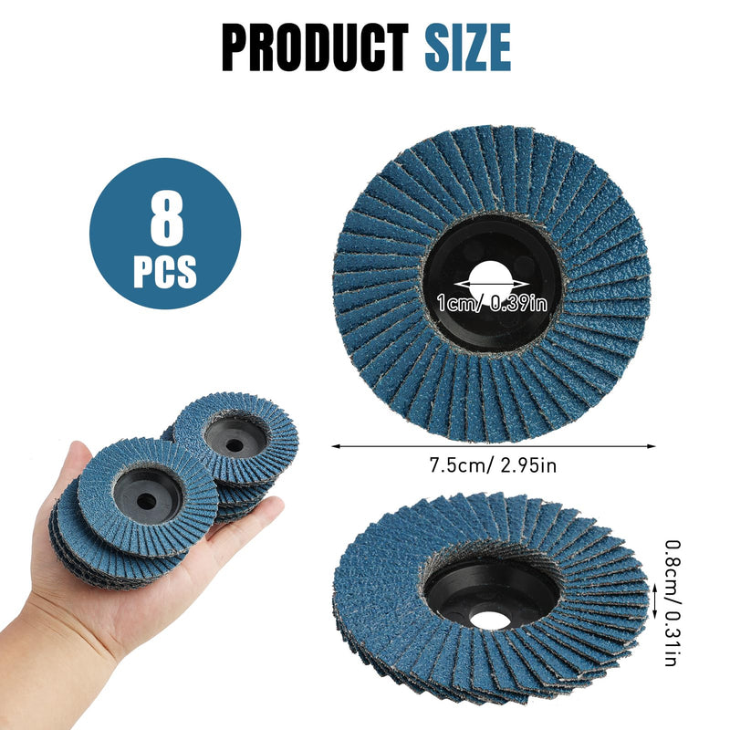 [Australia - AusPower] - Pack of 8 Flap Discs, Flap Discs, Sanding Mop Discs for Angle Grinders, Sanding Discs, Sanding Mop Discs, Diameter 75 mm x 10 mm, Grit 40/60/80/120, High Performance Sanding Discs for Metal, Wood 