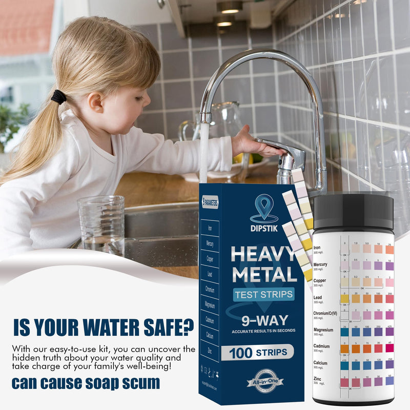 [Australia - AusPower] - 9 Way Heavy Metals Water Test Strips, 100ct Home Water Testing Kit for Iron, Mercury, Copper, Lead, Chromium, Magnesium, Cadmium, Calcium,Zinc 