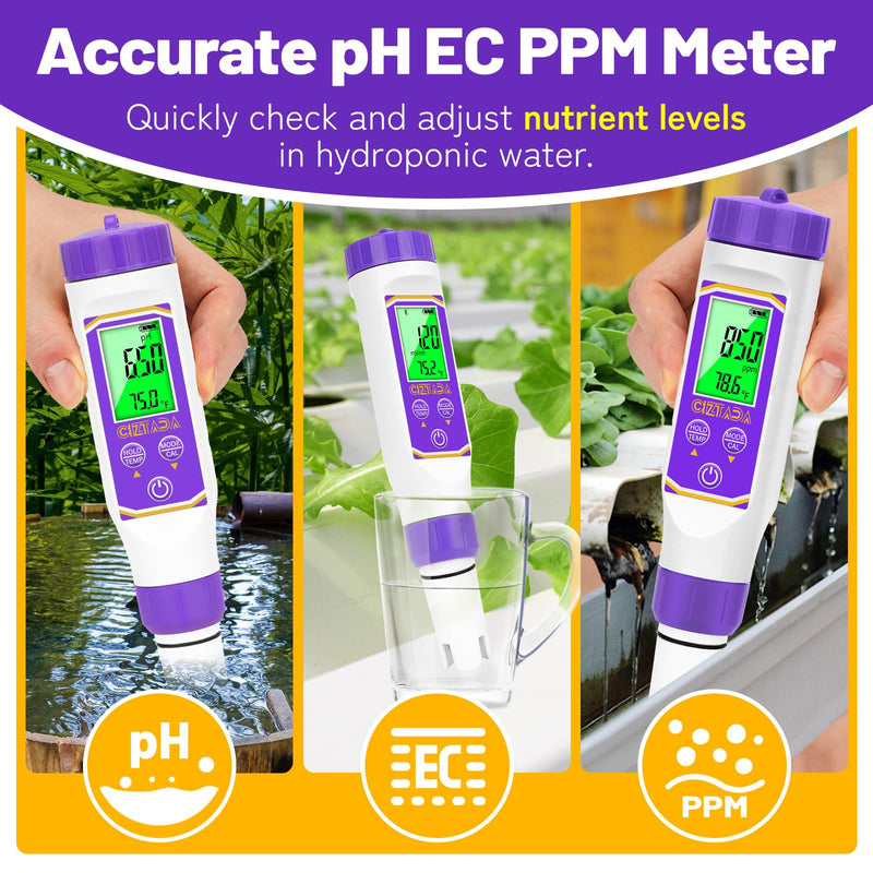 [Australia - AusPower] - Smart pH Tester and 1413 μS/cm Calibration Solution for Hydroponics Water, 4 in 1 pH EC TDS Meter with Conductivity Standard Calibration Solution Kit for Indoor Plant Growing 